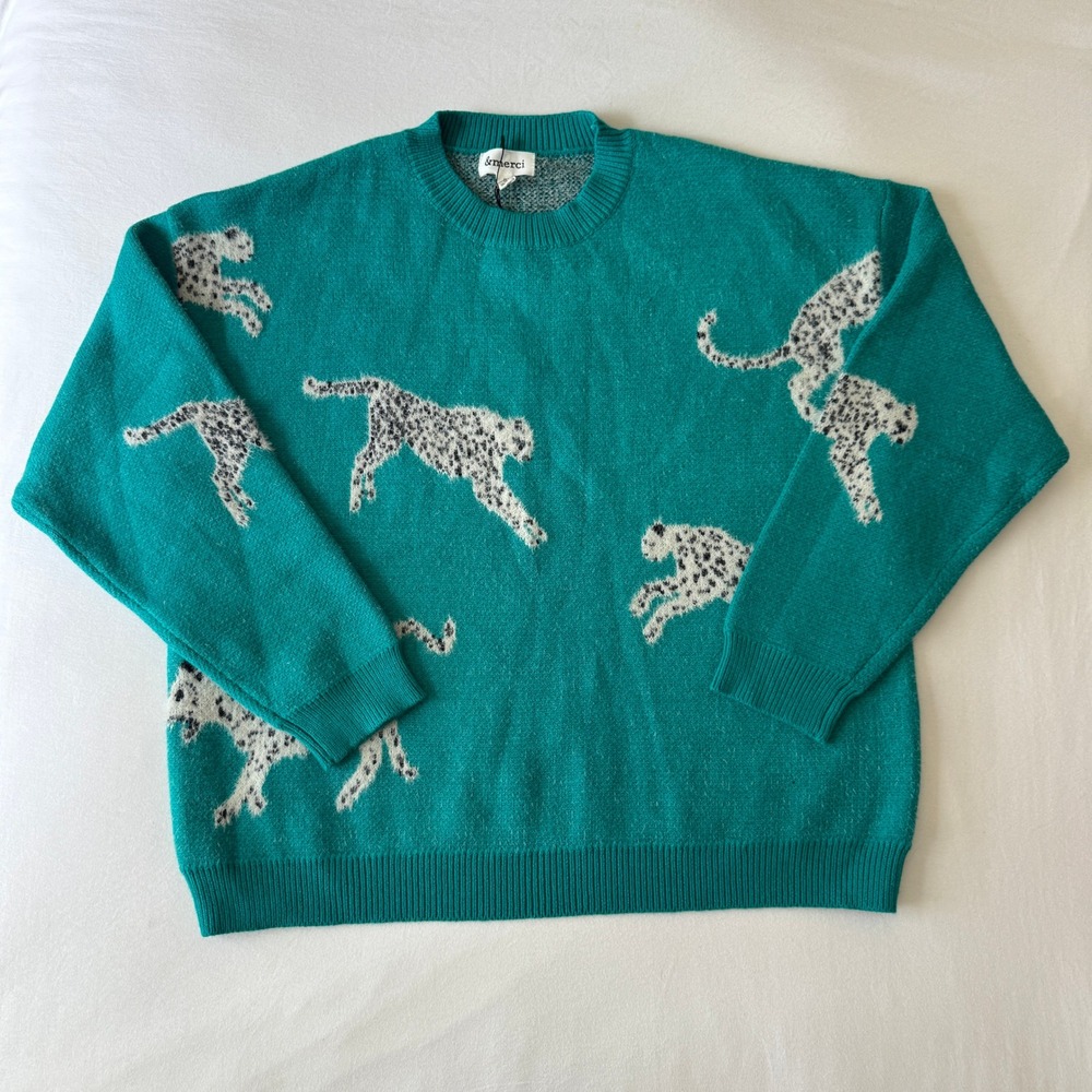Snow Leopard Intarsia Knit Crewneck Sweater S Teal Eclectic Statement Novelty